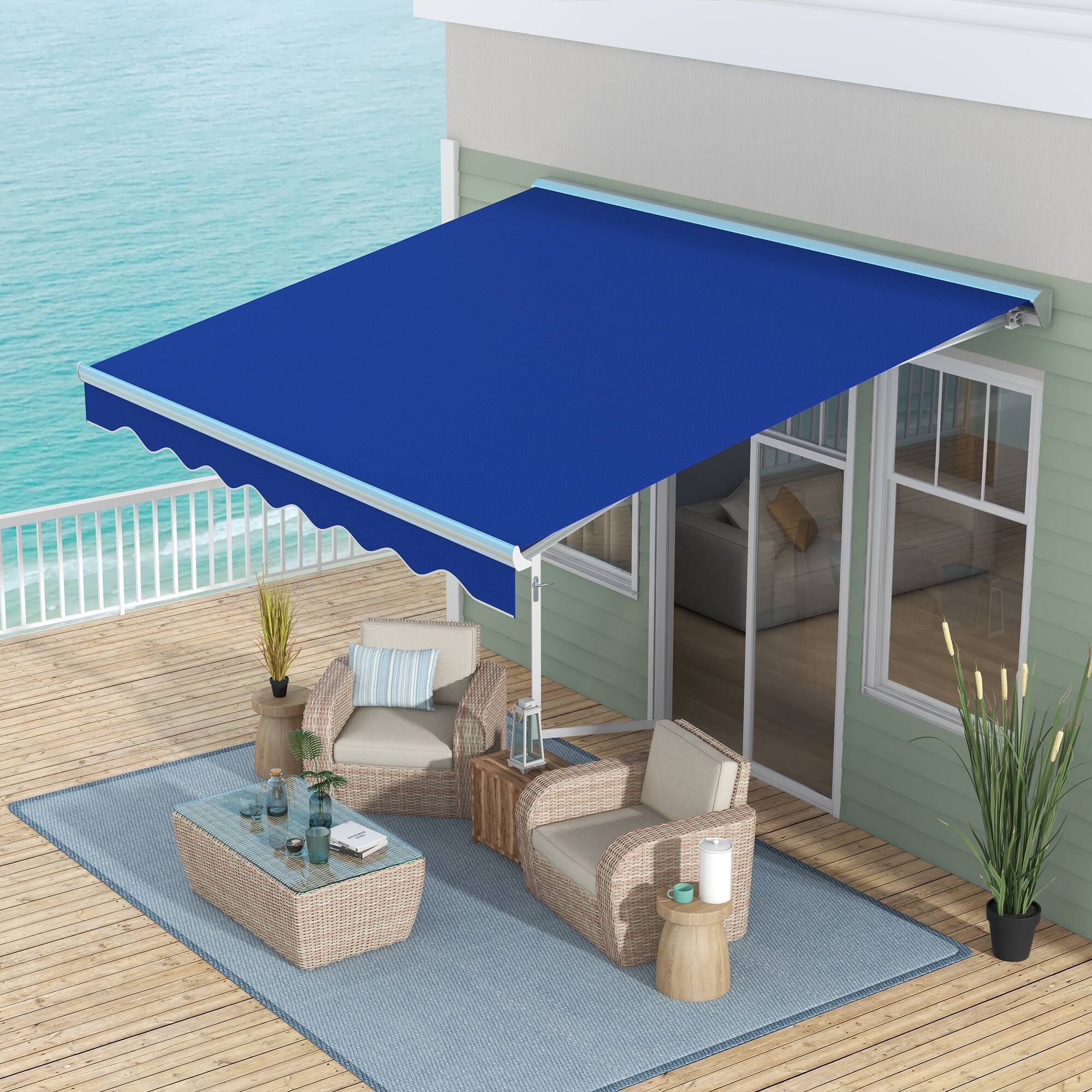 Alt View 1. Outsunny - 13' x 10' Electric Awning with LED Lights, Retractable Awning, UV40+ Sun Shade Shelter with Remote Controller - Blue.