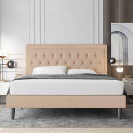 Hivvago - Full size Linen Platform Bed Frame with Button Tufted Headboard - Beige