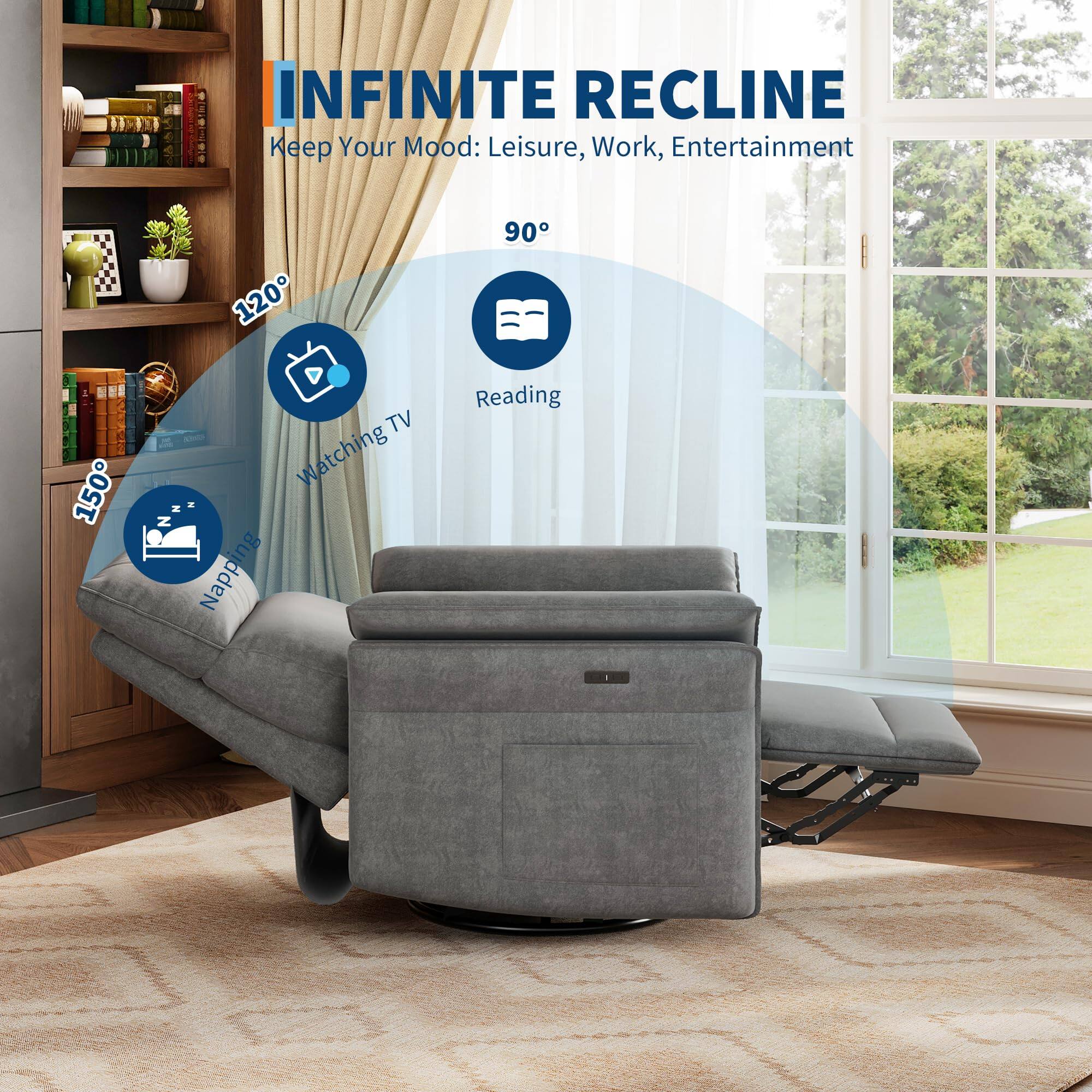 INFINITE RECLINE  
Keep Your Mood: Leisure, Work, Entertainment  

150°  
Napping  

120°  
Watching TV  

90°  
Reading