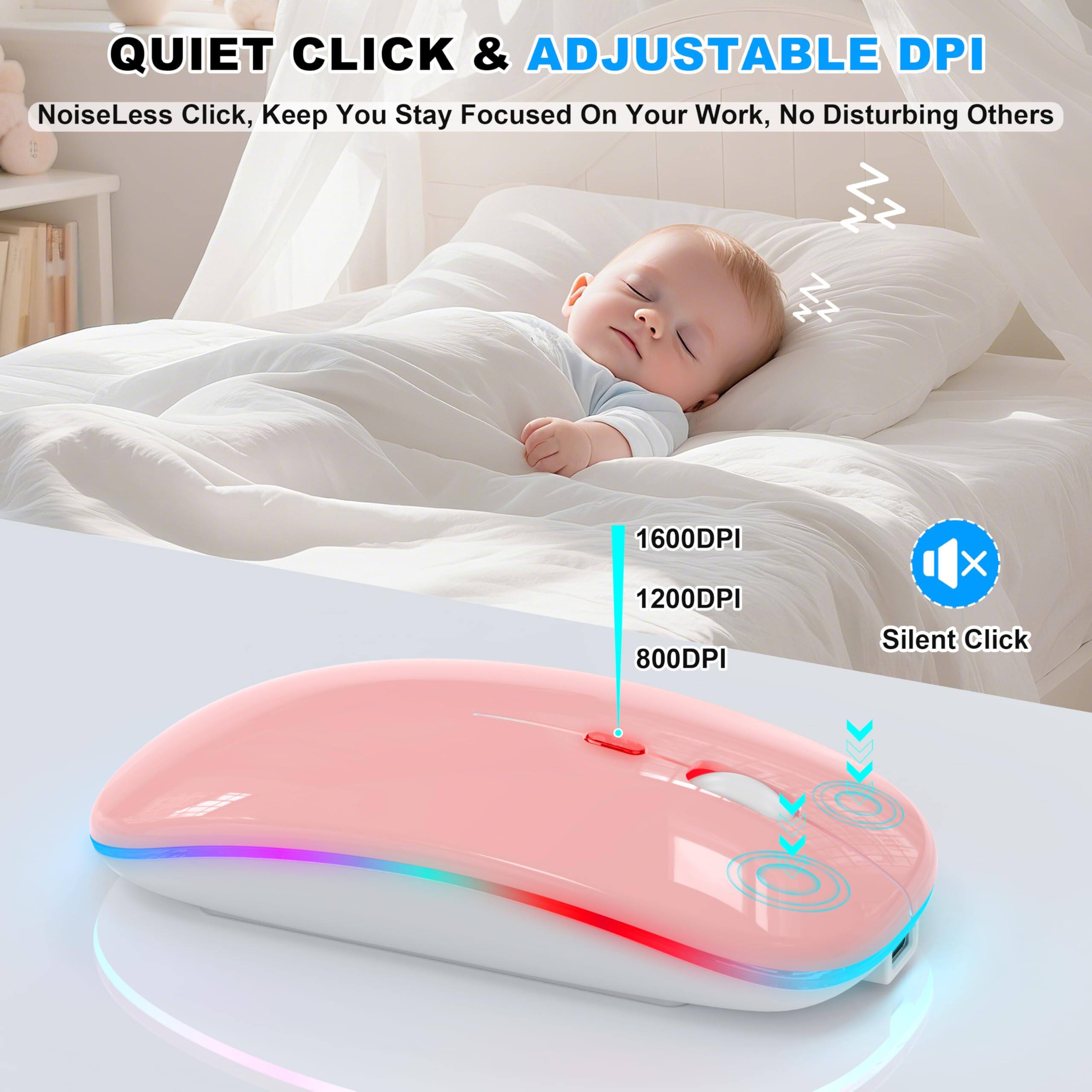 QUIET CLICK & ADJUSTABLE DPI  
NoiseLess Click, Keep You Stay Focused On Your Work, No Disturbing Others  

1600DPI  
1200DPI  
800DPI  

Silent Click