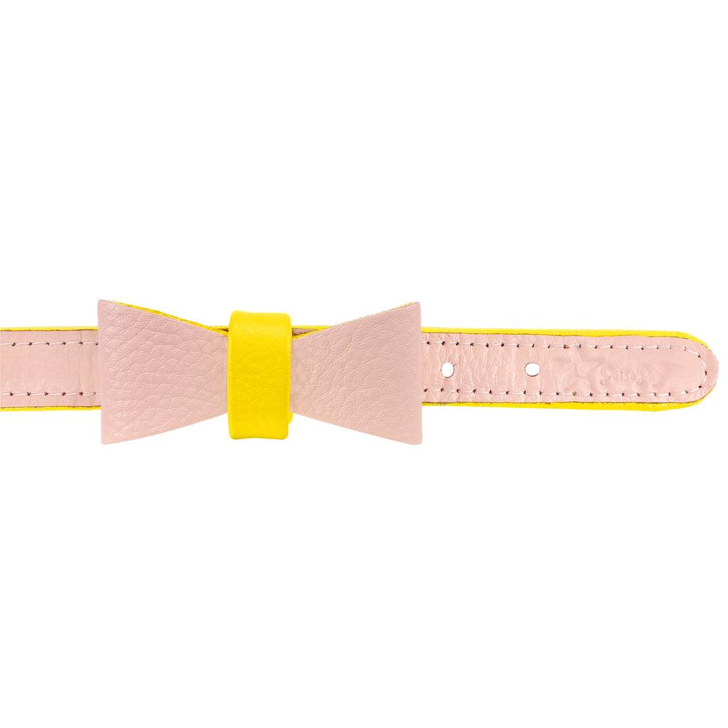 Angle. PoisePup - Cute Handmade Genuine Soft Full Grain Leather Dog Bow Tie - Light Pink | Yellow.
