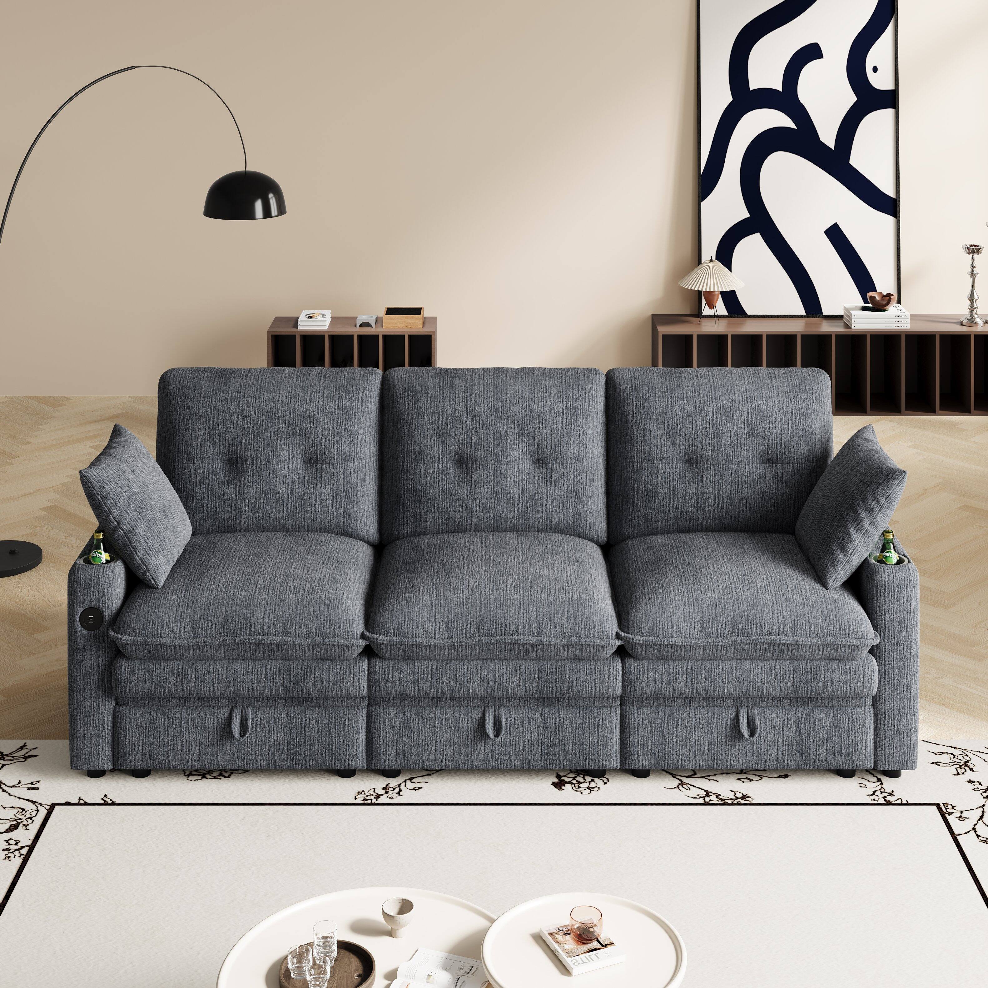 Front. Anysun - 89" 3-Person Cloud Chenille Sofa with Storage, Hidden Tabletop & USB Ports in Armrests, Storage Armrests - Dark Gray.