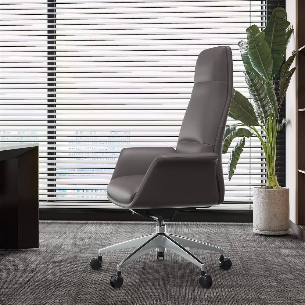 Left. LeisureMod - Summit High-Back Swivel Leather in Metal Frame Office Desk Chair with Adjustable Height, Tilt & Plush Cushion - Grey.