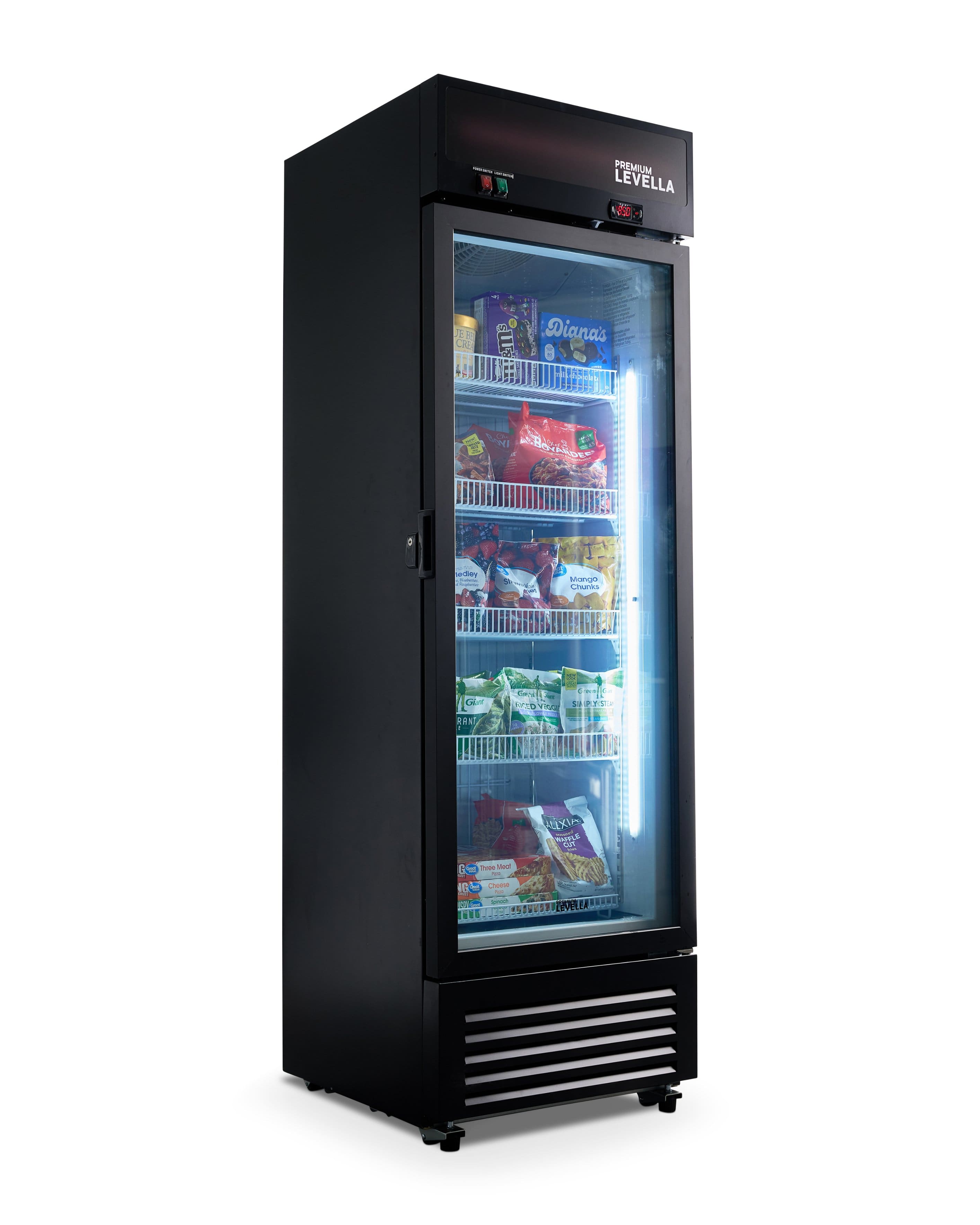 The text on the image reads "Premium Levella R60 - F Bp Diana's Pend HI AB Loaded | 1 Arg Chips - Gin Rant Ceylon - X SIRTT d - I X SUS o - - M - m - J BAAKE - EIVELEA pma NUS". This text appears to be a combination of various food items and descriptions, possibly indicating the contents of the refrigerator.