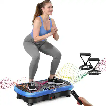 Front. Core Tech - Vibration Plate Fitness Machine with Resistance Bands, Remote Control, Bluetooth Speaker & 120 Speed Levels - Blue.