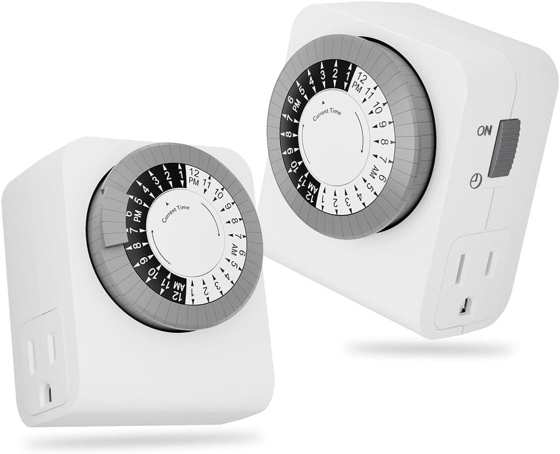 BN-LINK - 2-Pack Mechanical Timer Outlet, 2 Grounded Outlets, 24-Hour Timer for Lamps & Christmas Lights, 15A/1875W - White