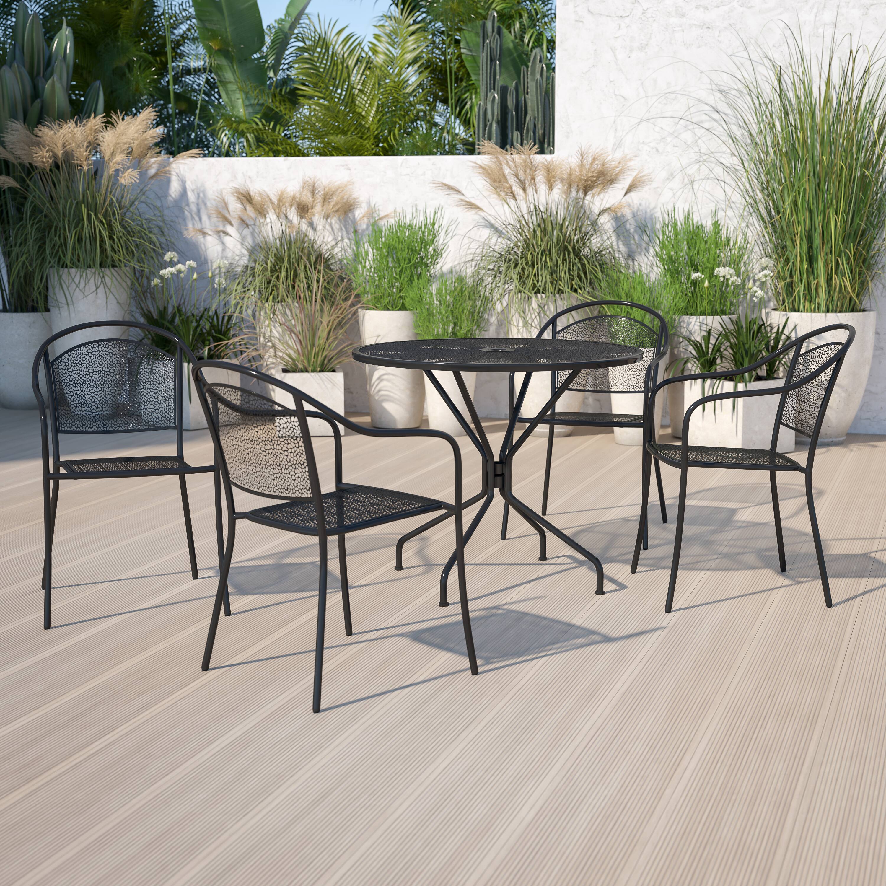 Alt View 1. Emma + Oliver - Commercial 35.25" Round Metal Garden Patio Table Set w/ 4 Round Back Chairs - Black.