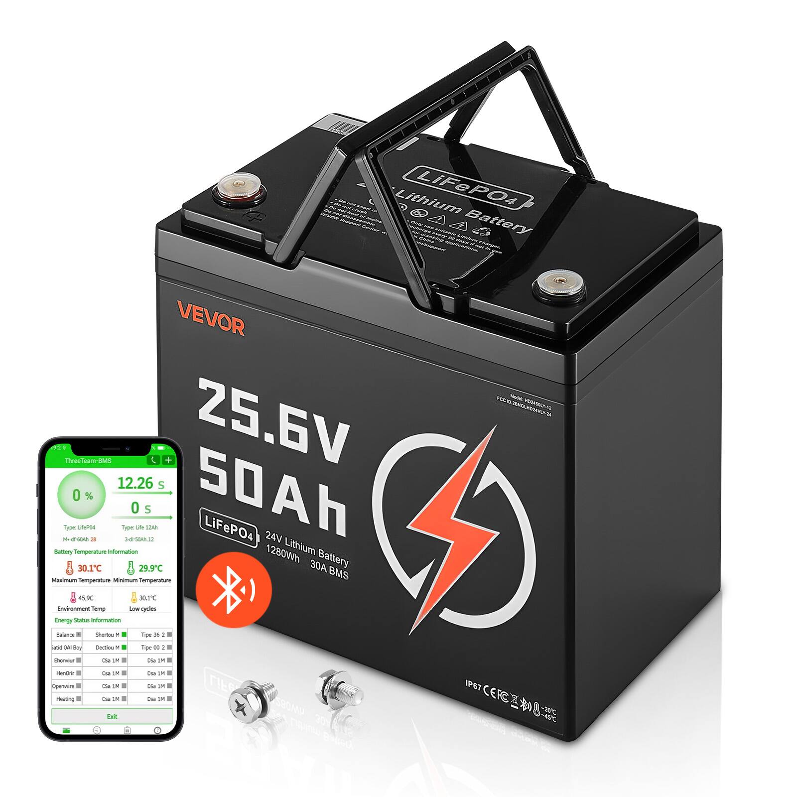 Sure, here is the corrected and grouped text:

---

**VEVOR**

**25.6V 50Ah**

**LiFePO4 24V Lithium Battery 1280Wh**

**30A BMS**

**LiFePO4 Battery SP**

**ThreeTeam eMS**

**Battery Temperature Information**

- Maximum Temperature: 30.1°C
- Minimum Temperature: 29.9°C
- Environment Temp: 29.9°C

**Energy Status Information**

- Balance
- Short Circuit
- Type 36 28
- Type 36 28
- Type 36 28
- Type 36 28
- Type 36 28
- Type 36 28
- Type 36 28
- Type 36 28
- Type 36 28
- Type 36 28
- Type 36 28
- Type 36 28
- Type 36 28
- Type 36 28
- Type 36 28
- Type 3