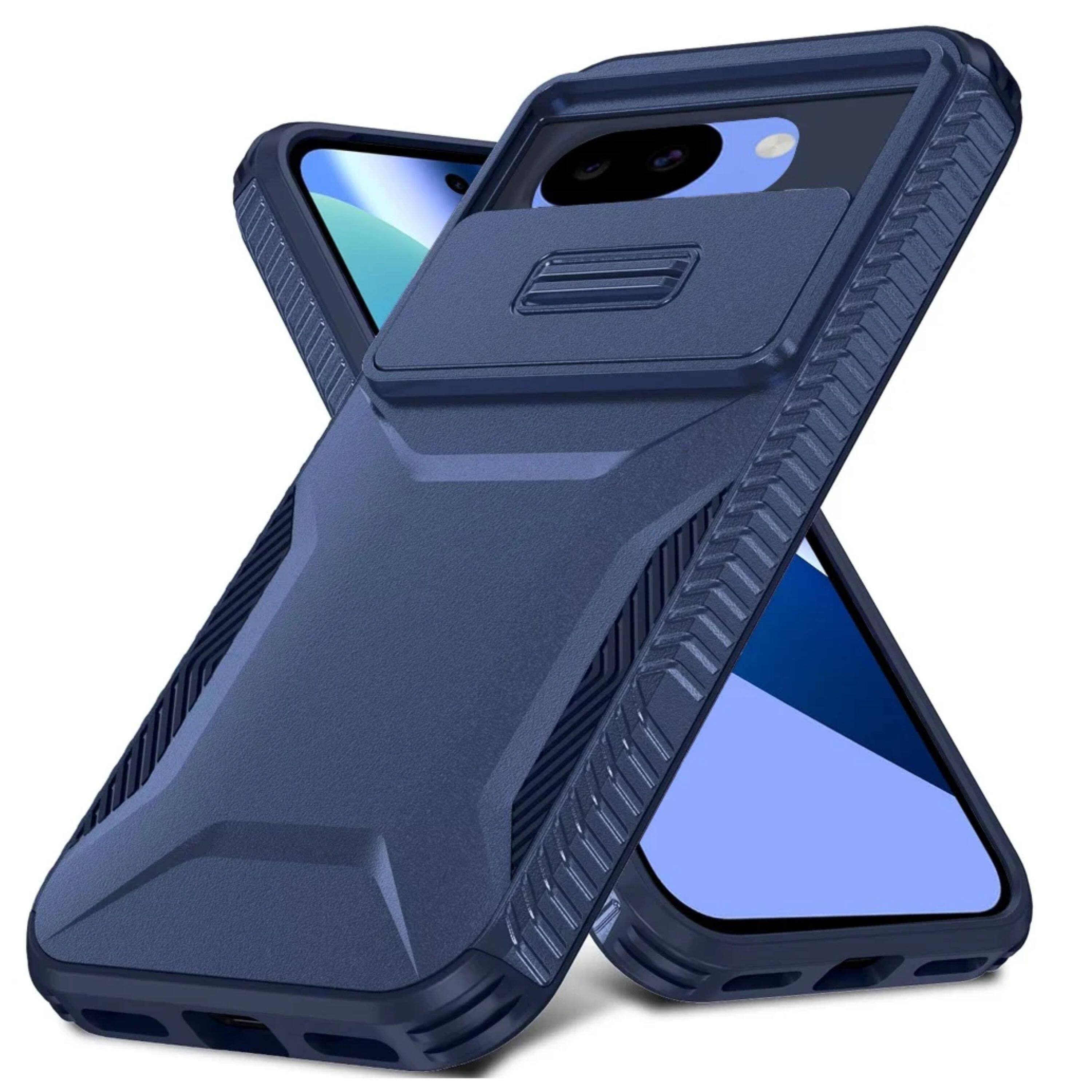 Angle. Kitcheniva - Rugged Side Grip Sliding Lens Cover Phone Case With Tempered Glass For Google Pixel 10a Dark Blue - Dark Blue.
