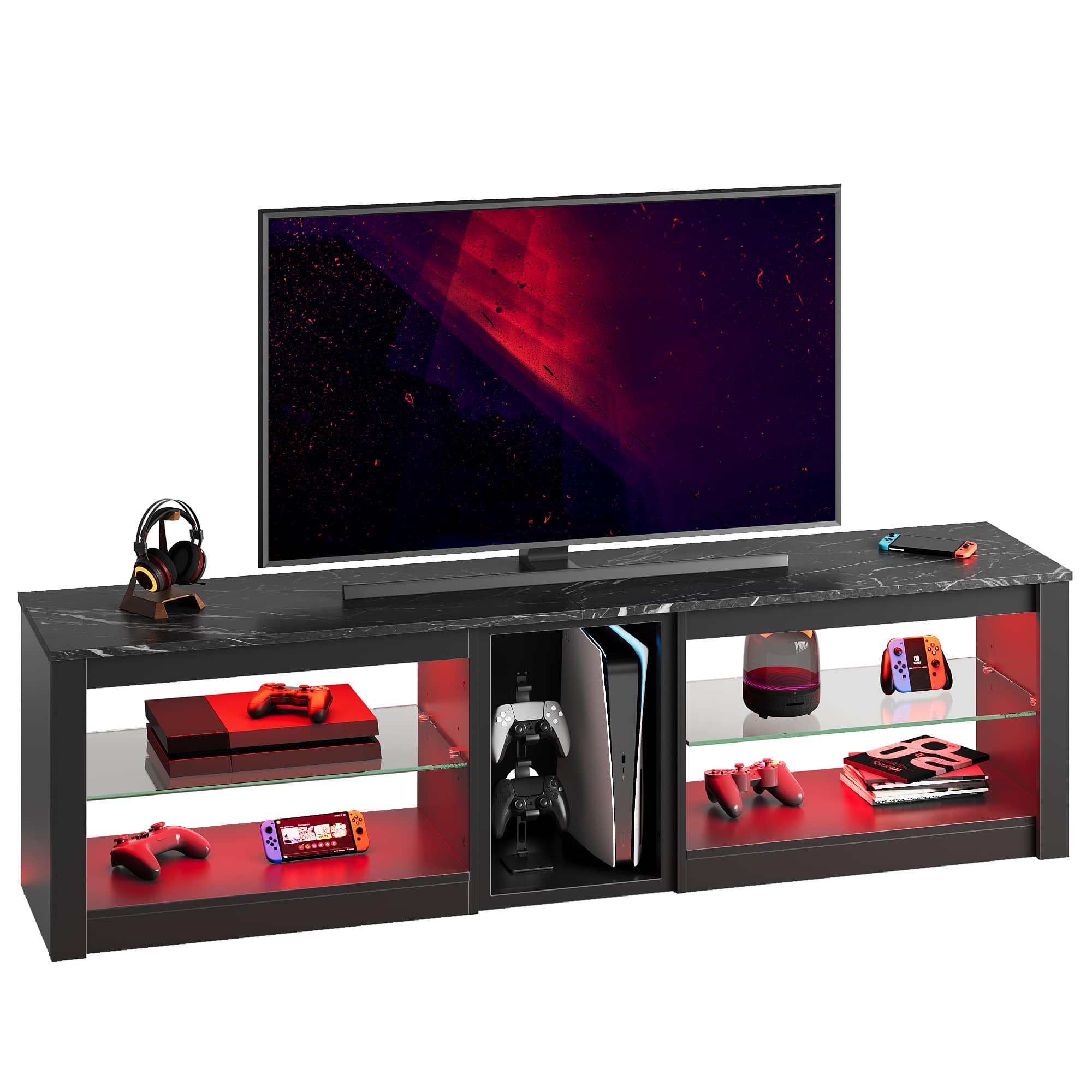 Front. Bestier - 70 Inch Gaming TV Stand & Entertainment Center with LED Lights & Glass Shelves, Media Cabinet for Living Room - Black.