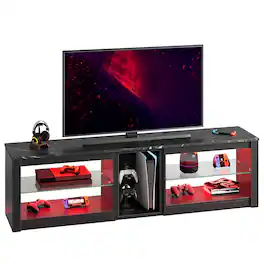 Bestier - 70 Inch Gaming TV Stand & Entertainment Center with LED Lights & Glass Shelves, Media Cabinet for Living Room - Black