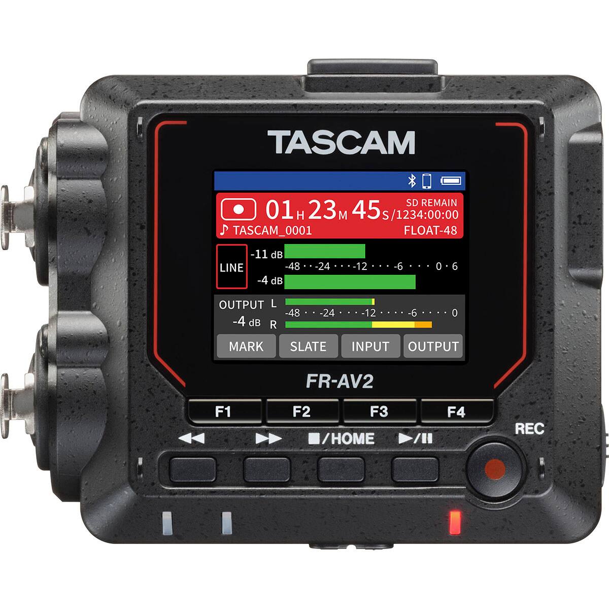 TASCAM SD REMAIN 01 H 23 M 45 S 1234:00:00 TASCAM_0001 FLOAT-48 -11 dB LINE -48 -4 dB -24 -12 -6 0 6 OUTPUT L -4 dB R -48 -24 -12 -6 0 MARK SLATE INPUT OUTPUT FR-AV2 F1 F2 F3 /HOME / F4 REC