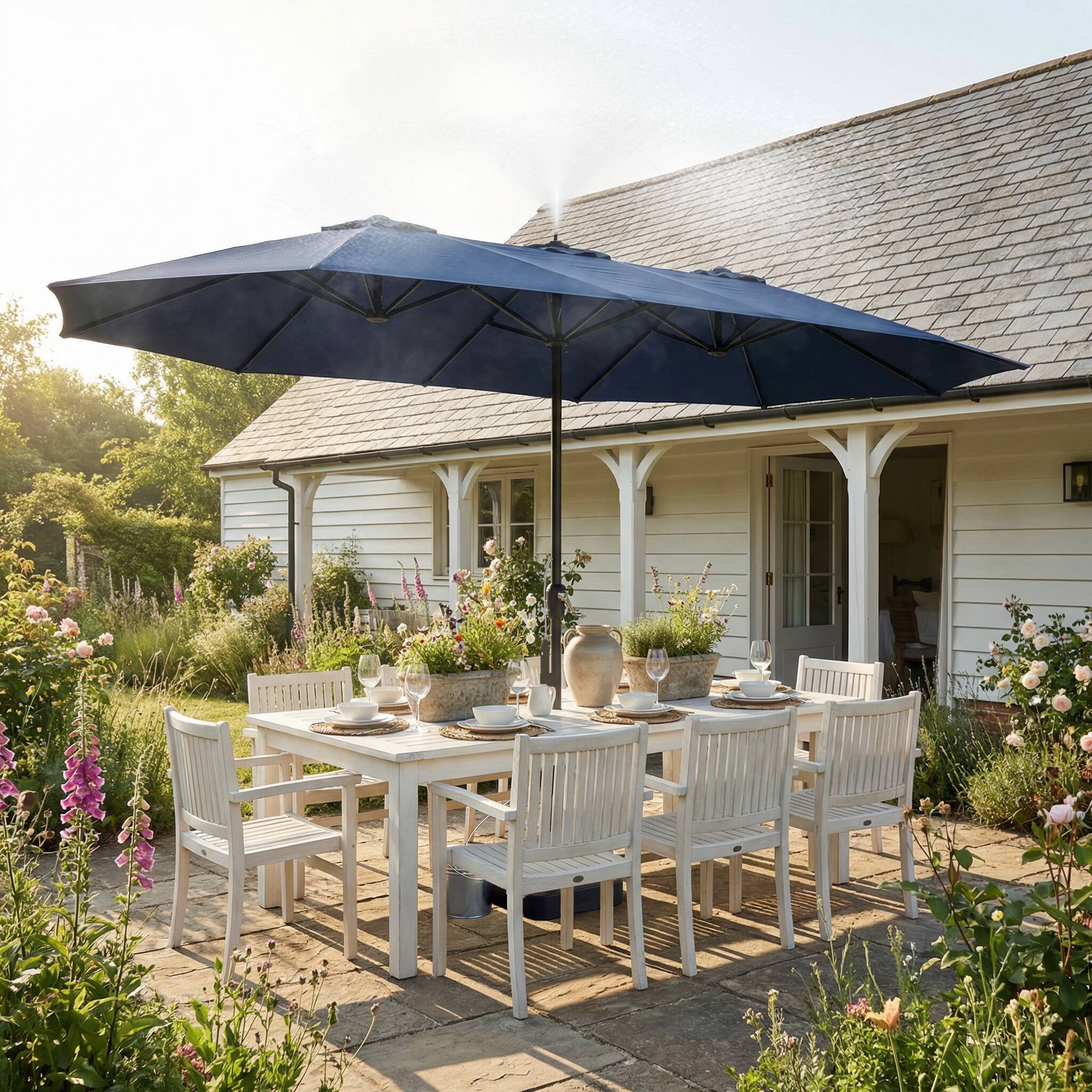 Angle. Famapy - 11ft Double-Top Patio Misting Umbrella - Spray Cooling System & Reinforced Frame for Pool, Garden - Navy blue.