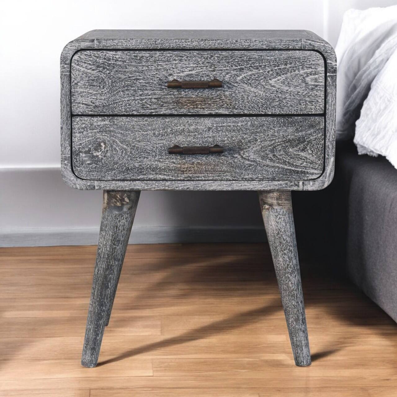 Angle. Artisan Furniture - Artisan Furniture Solid Wood Sandblasted Ash Curved Bedside, 2 Drawers, Grey - Grey.