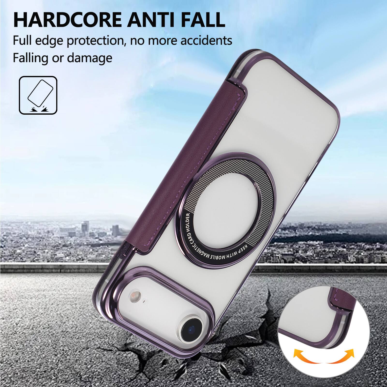 HARDCORE ANTI FALL  
Full edge protection, no more accidents  
Falling or damage  

CARD HOLDER  
MAGNETIC  
KEEP MOBILE WITH