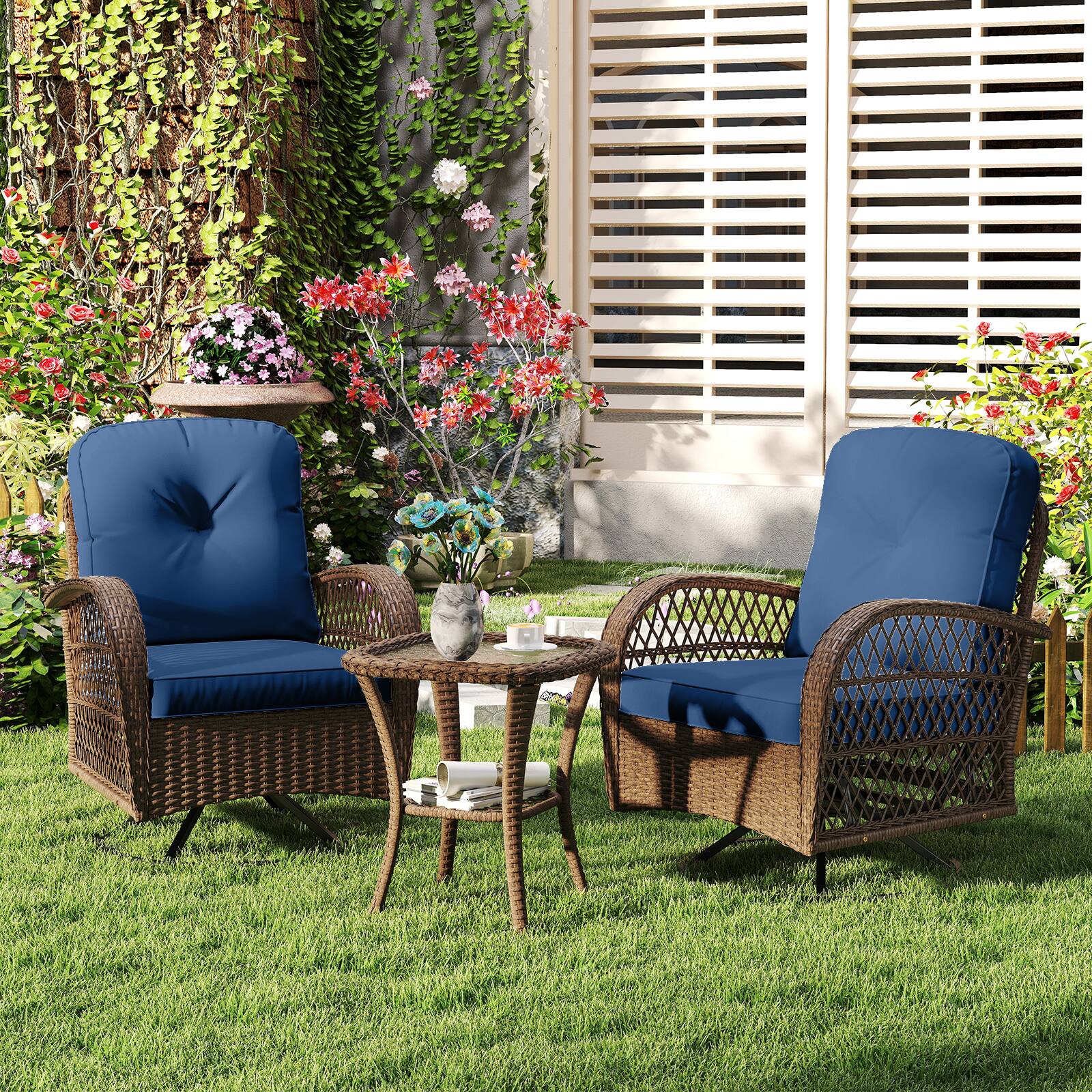 Alt View 3. Gymax - Gymax 3PCS Patio Swivel Rocker Set Gliding Bistro Furniture Set w/Tempered Glass Table - Blue.