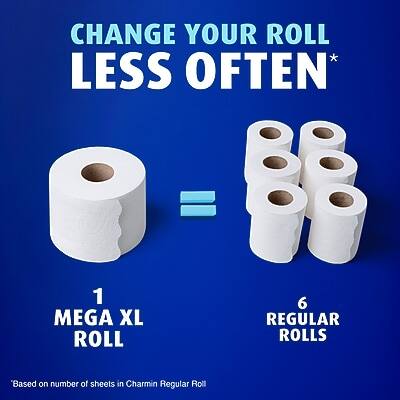 CHANGE YOUR ROLL LESS OFTEN*

1 MEGA XL ROLL = 6 REGULAR ROLLS

*Based on number of sheets in Charmin Regular Roll