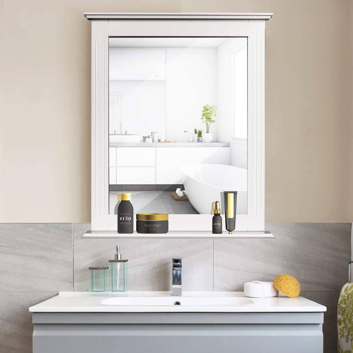 Angle. Hivvago - White Rectangle Bedroom Bathroom Vanity Wall Mirror with Bottom Shelf - White.