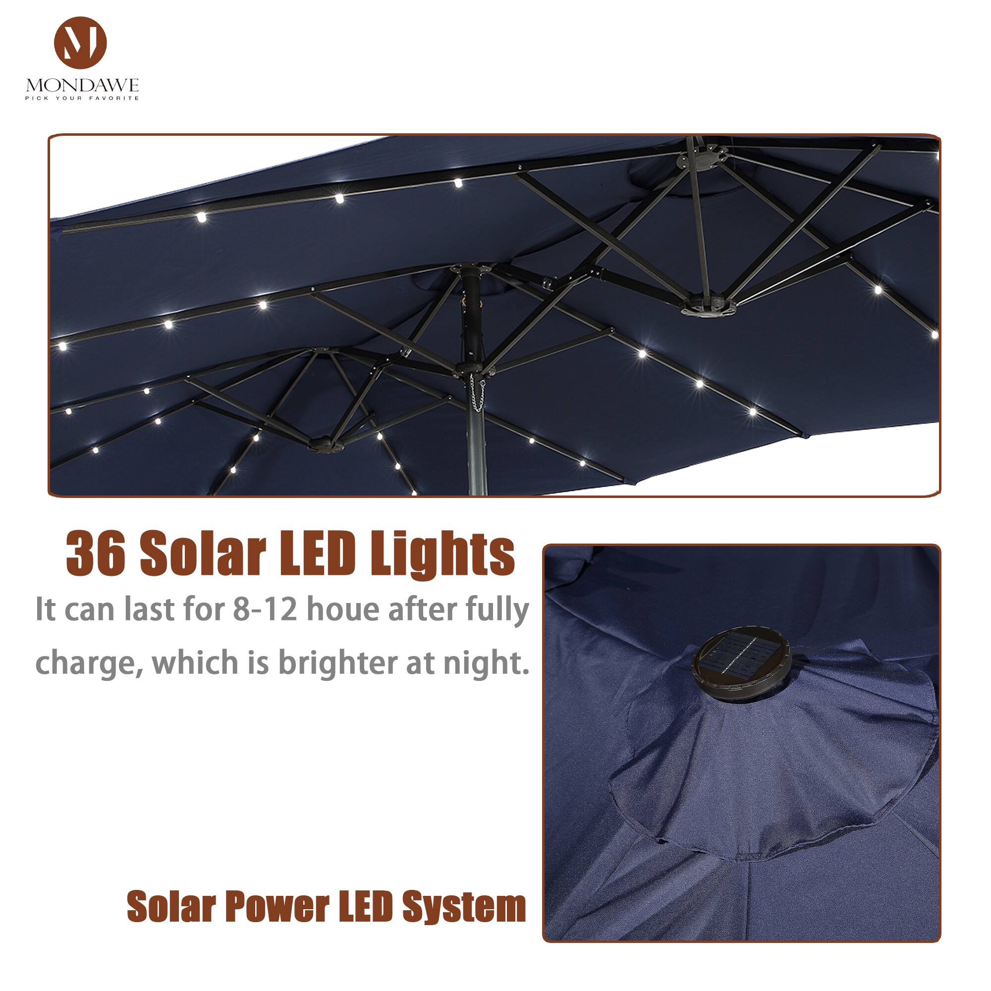 **MONDAWE**  
PICK YOUR FAVORITE

---

**36 Solar LED Lights**  
It can last for 8-12 hours after fully charge, which is brighter at night.

---

**Solar Power LED System**