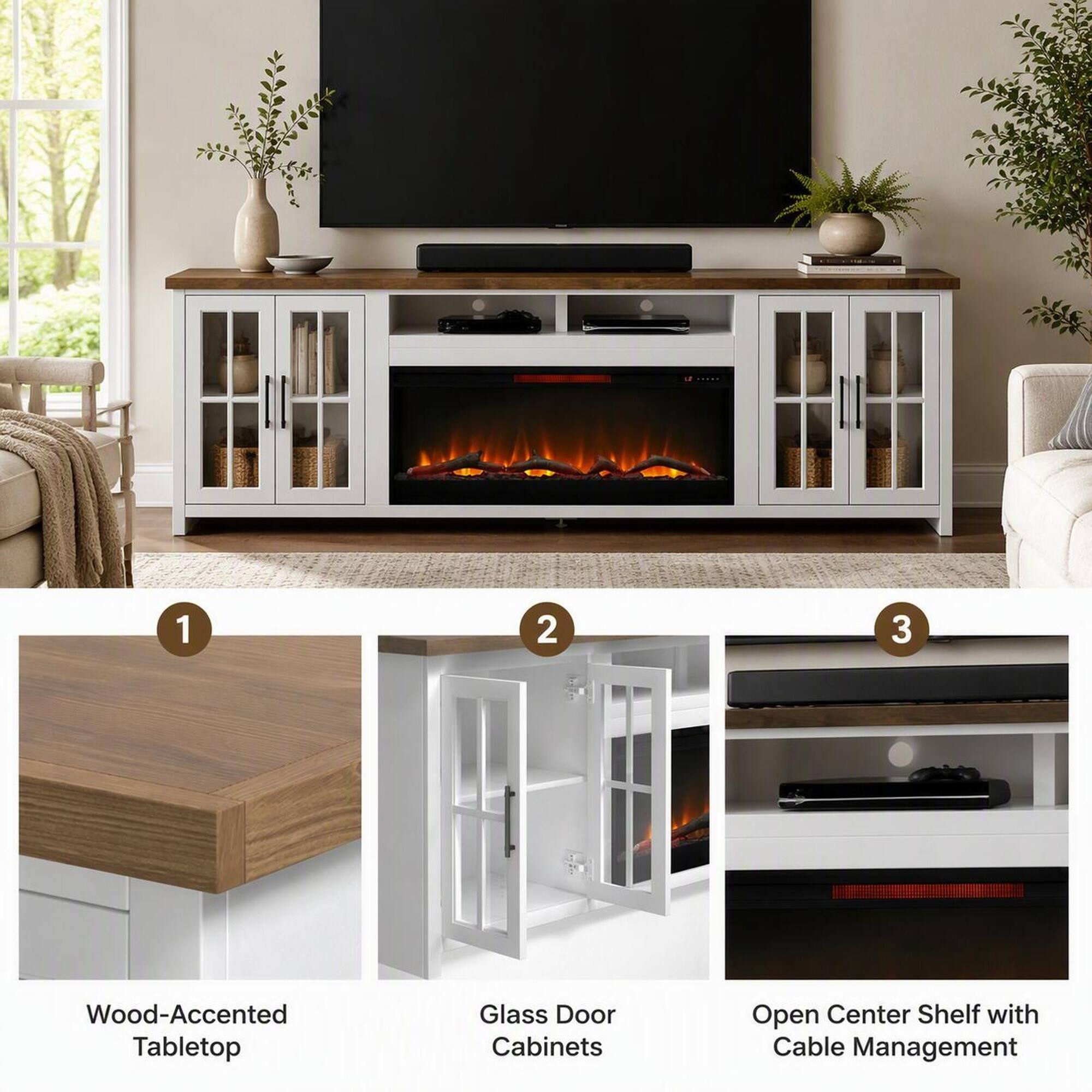 1. Wood-Accented Tabletop
2. Glass Door Cabinets
3. Open Center Shelf with Cable Management