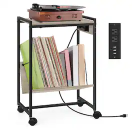 Oumilen - Vinyl Record Player Stand with Charging Station & Storage Shelves - Gray