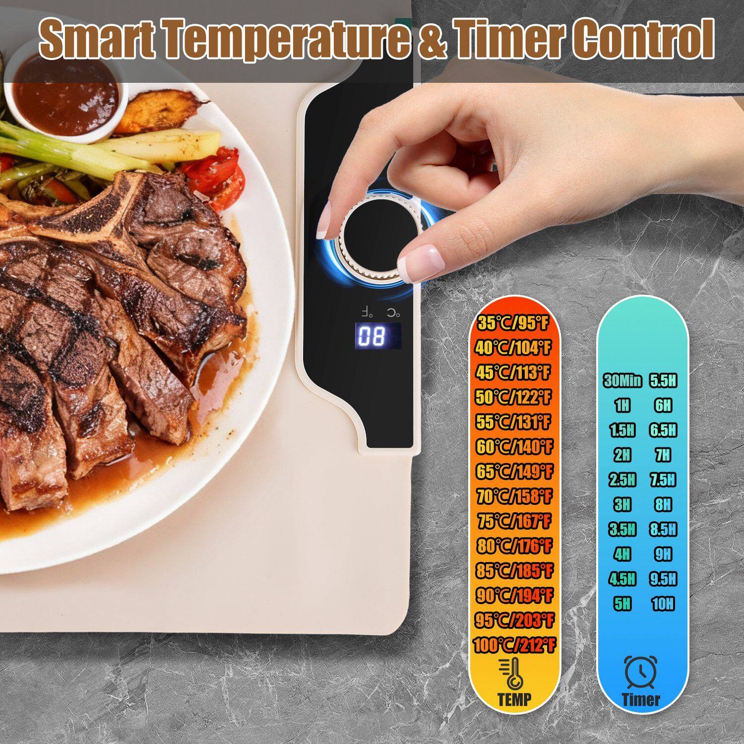 Smart Temperature & Timer Control

F C 08 35C/95F 40C/104F 45C/113F 50C/122F 55C/131F 60C/140F 65C/149F 70C/158F 75C/167F 80C/176F 85C/185F 90C/194F 95C/203F 100C/212F 30Min 5.5H 1H 6H 1.5H 6.5H 2H 2.5H 7.5H 3H 8H 3.5H 8.5H 4H 9H 4.5H 9.5H 5H 10H

TEMP Timer