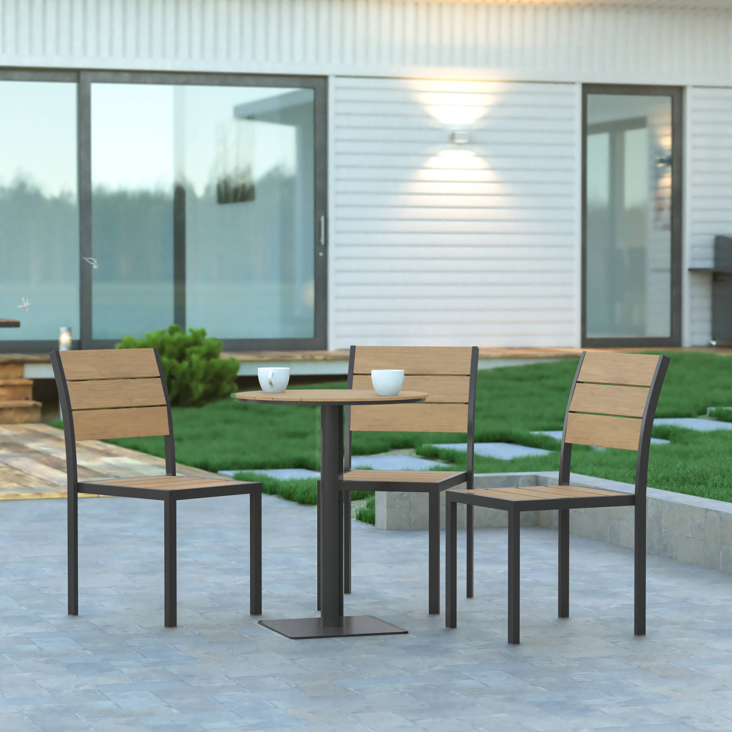 Alt View 4. Emma + Oliver - Fena Outdoor Stacking Side Chair with Faux Teak Poly Slat Seat, Back and Arms and Metal Frame - Natural.