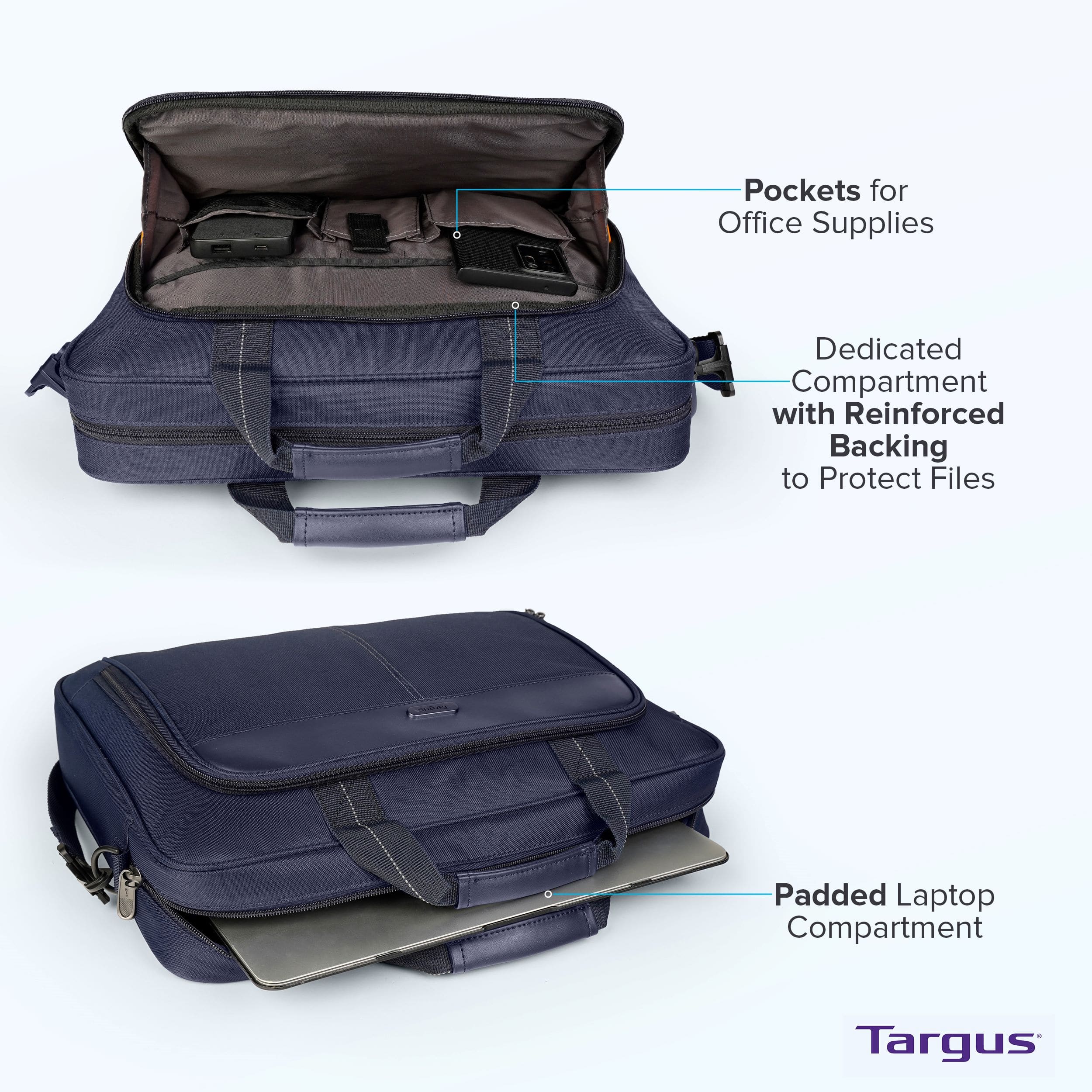 Pockets for Office Supplies: Dedicated Compartment with Reinforced Backing to Protect Files. Padded Laptop Compartment. Targus.