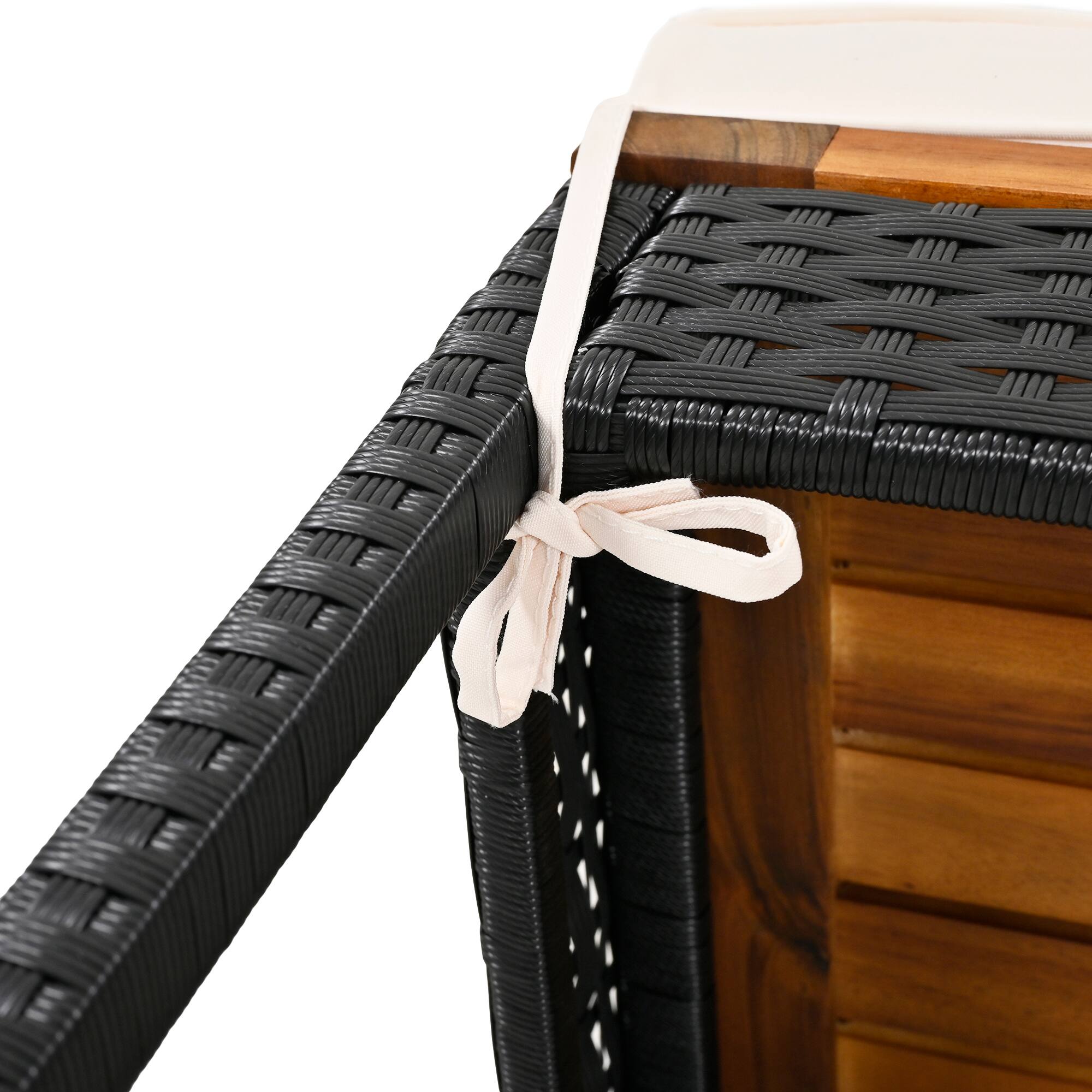 Alt View 8. Mondawe - 5-Piece Outdoor Acacia Wood PE Rattan Wicker Bar Height Table And Four Stools With Cushions - Brown.