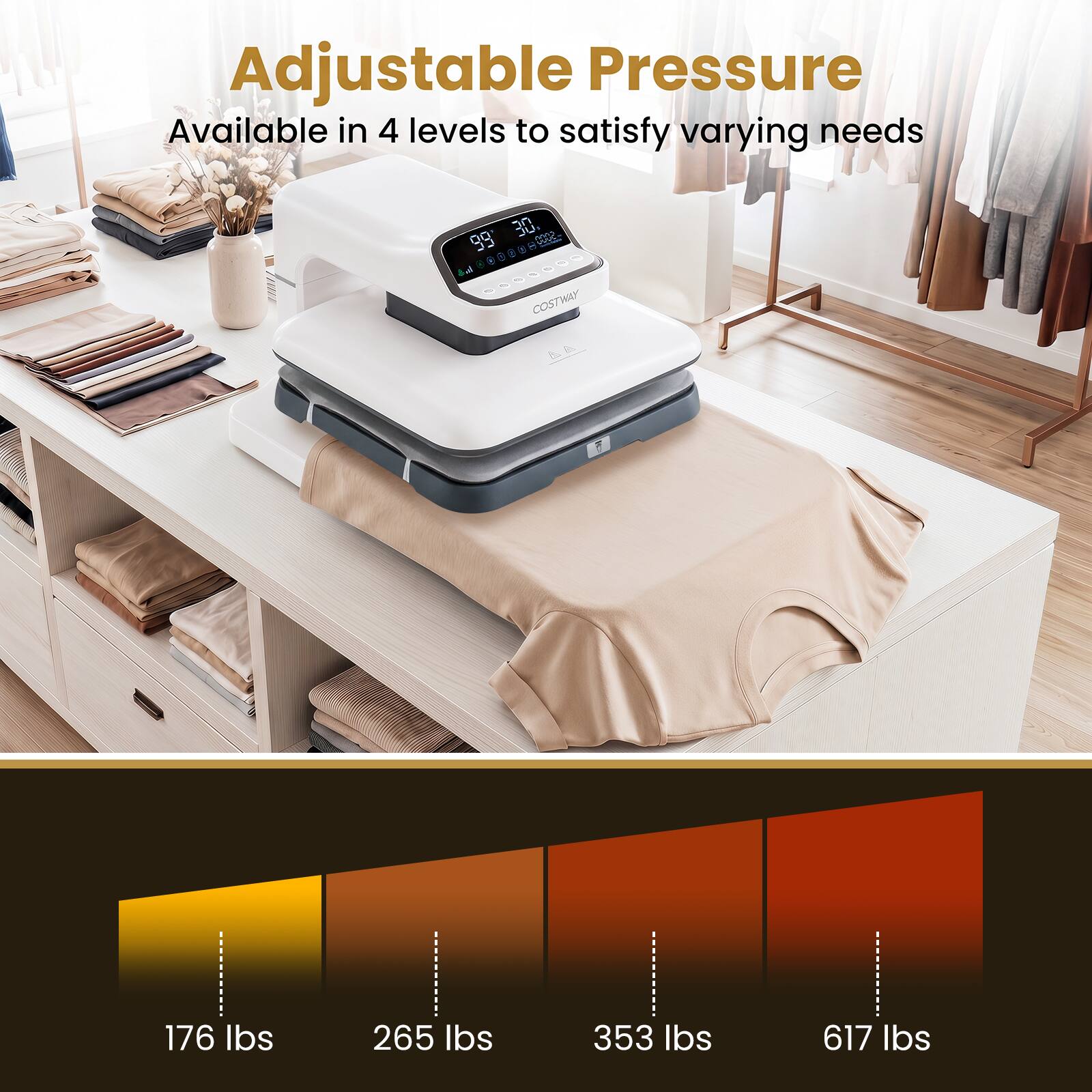 Adjustable Pressure  
Available in 4 levels to satisfy varying needs  

30 00DP 99 - 4 F - . - COSTWAY  

176 lbs  
265 lbs  
353 lbs  
617 lbs