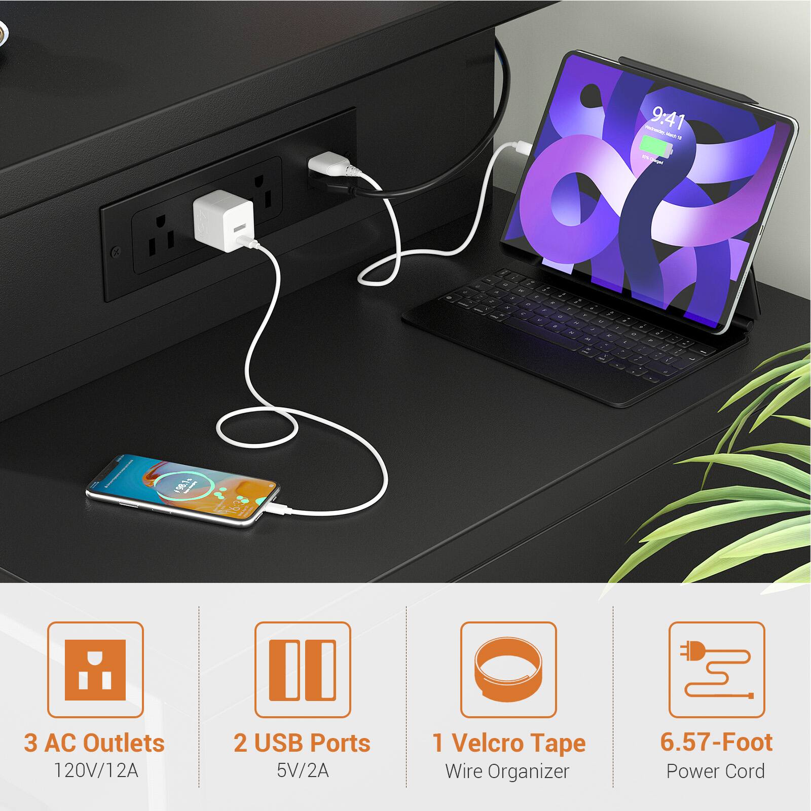 2 - 9:41 - V ei - a 8 - - - - - - . - - I 1 . - . - -  - - - -  , - - e a  - . - 3 AC Outlets 120V/12A 2 USB Ports 5V/2A 1 Velcro Tape Wire Organizer 6.57-Foot Power Cord