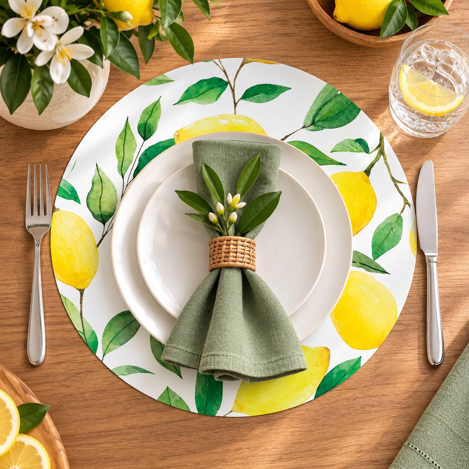 Alt View 1. Frieling - Davanti by  Casa Round Vinyl Placemat, 15" Diameter, Watercolor Lemon Print - Lemon.