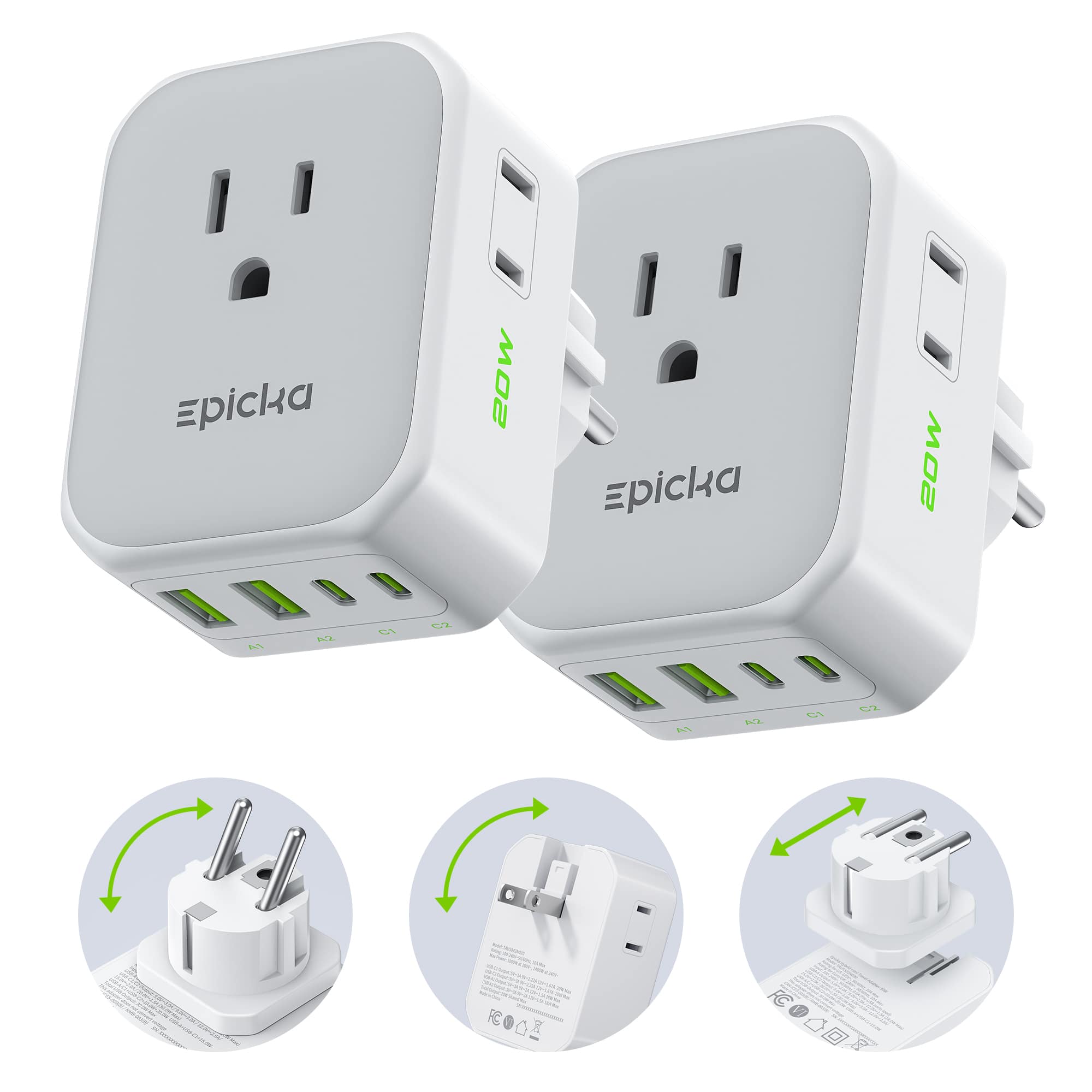 Epicka - Hybrid International Power Adapter for US to German, 2packs 8-IN-1 Travel Plug Adapter, Travel Dorm Essentials - White