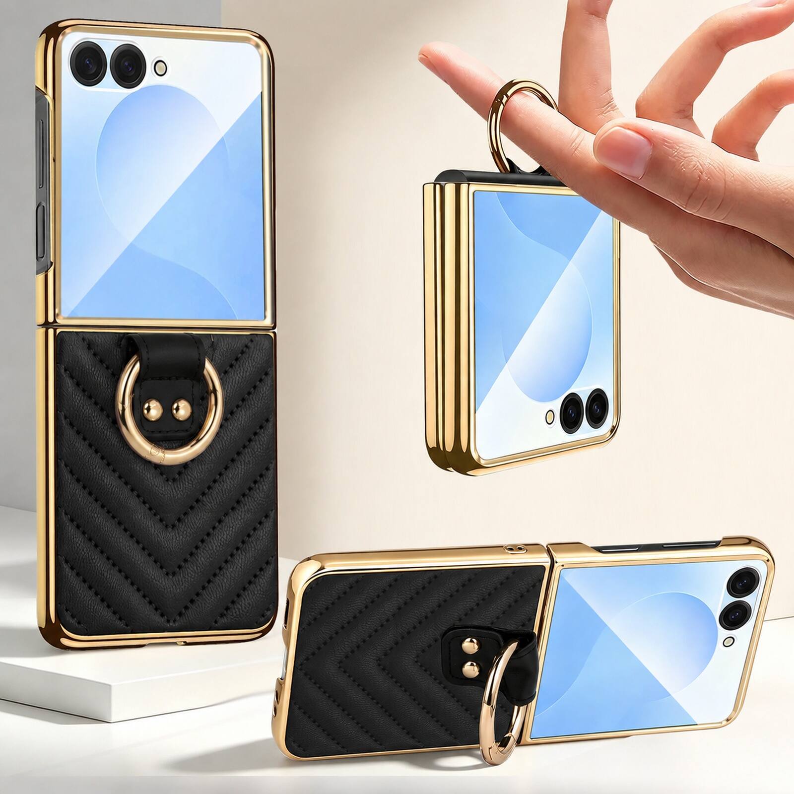 Alt View 1. Dteck - Shockproof Case for Samsung Galaxy Z Flip8 with Ring, Electroplated Frame Leather Texture Cover Built in Screen Glass - Black.