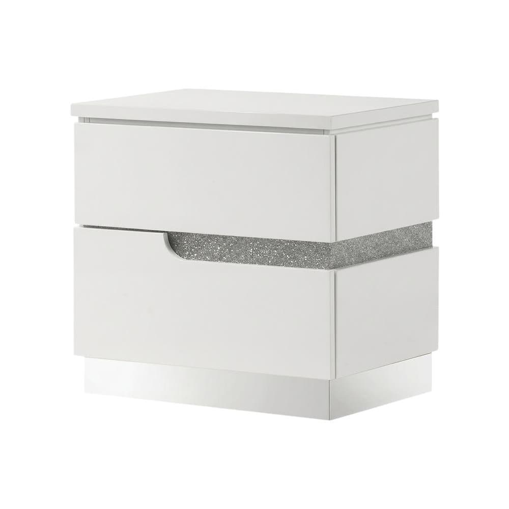 FurniFact - Glam Nightstand with High-Gloss Finish and Ball Ing Drawers - White