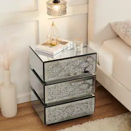 Loheer - Mirrored Nightstand, Three Drawer Bedside Table, Bedroom Side Table - Silver