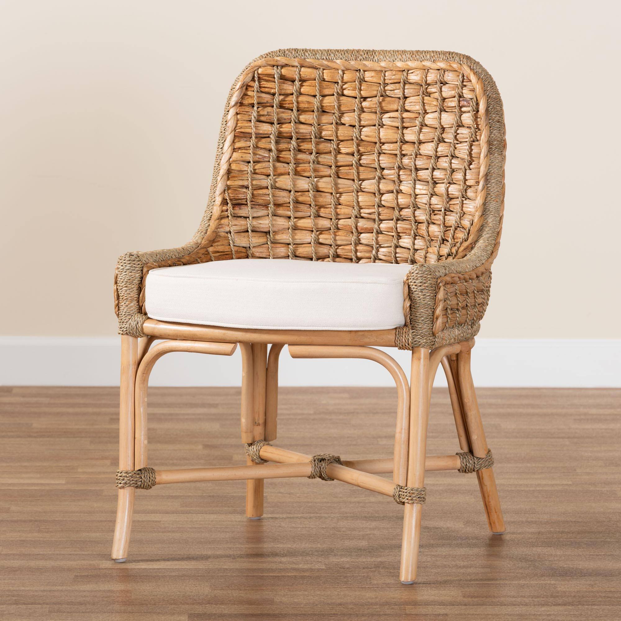 Alt View 5. bali & pari - Kyle Modern Bohemian Woven Rattan Dining Side Chair With Cushion - White/Natural Brown.