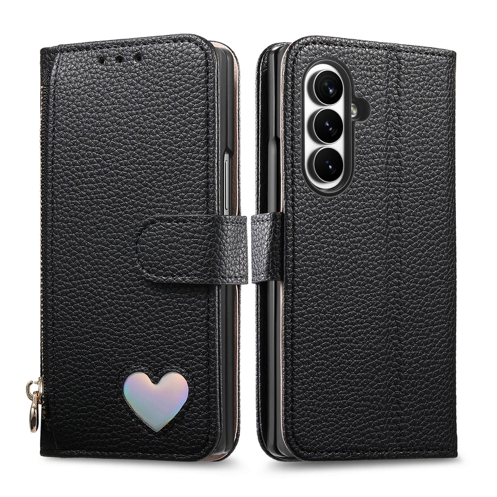 Angle. Dteck - PU Leather Wallet Case for Samsung Galaxy Z Fold8 Ultra with Wrist Strap Zipper Pocket, Protective Folio Kickstand Cover - Black.