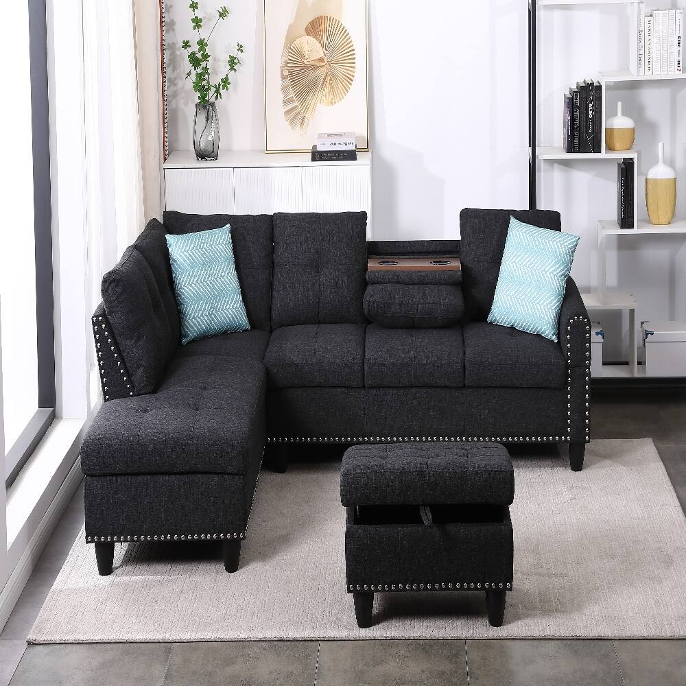 Back. Loheer - Loheer 98 Inch Left Hand Facing Sofa L-Shaped Sectional with Ottoman - Gray.