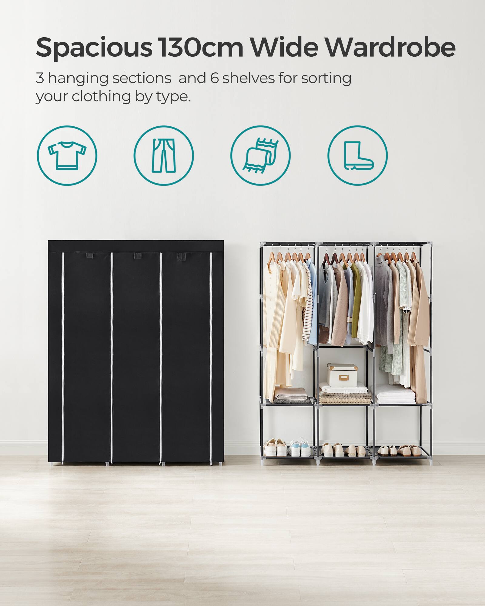 Spacious 130cm Wide Wardrobe

3 hanging sections and 6 shelves for sorting your clothing by type.