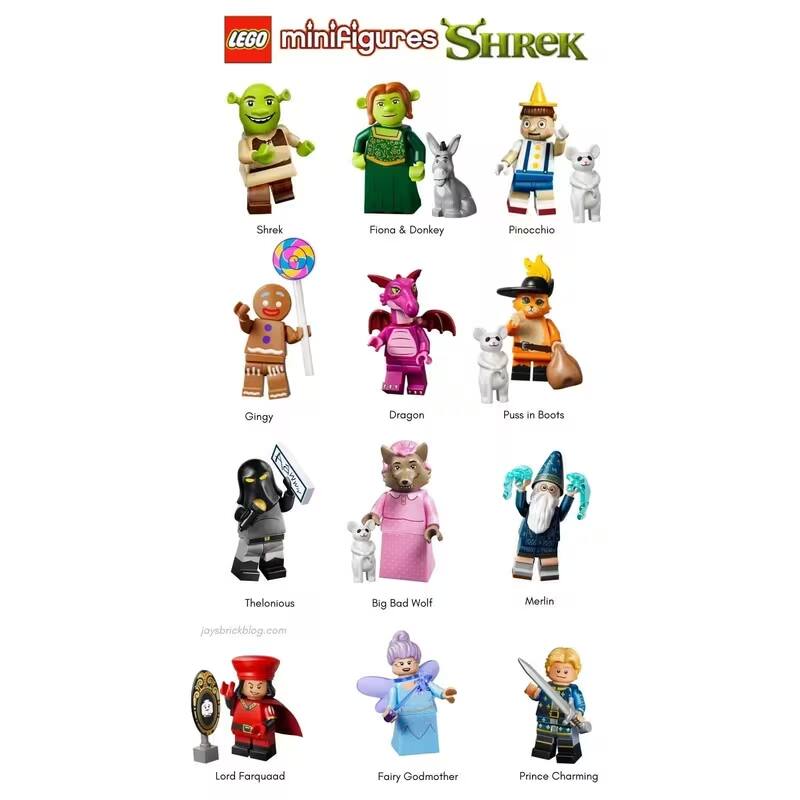 LEGO minifigures SHREK

Shrek  
Fiona & Donkey  
Pinocchio  
Gingy  
Dragon  
Puss in Boots  
Thelonious  
Big Bad Wolf  
Merlin  
jaysbrickblog.com  
Lord Farquaad  
Fairy Godmother  
Prince Charming