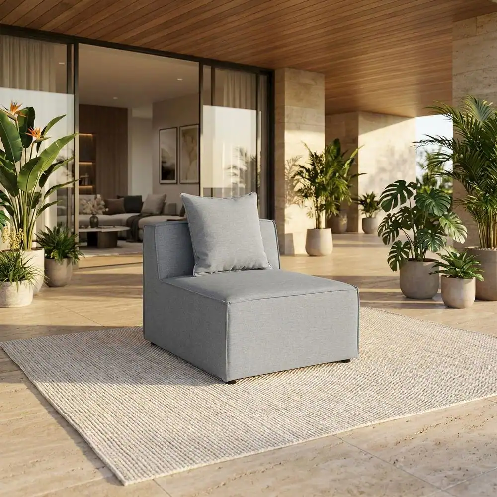 Angle. Outdoor Escape - Outdoor Patio Upholstered Armless Sofa Chair With Cushioned Seat And Backrest - Gray.