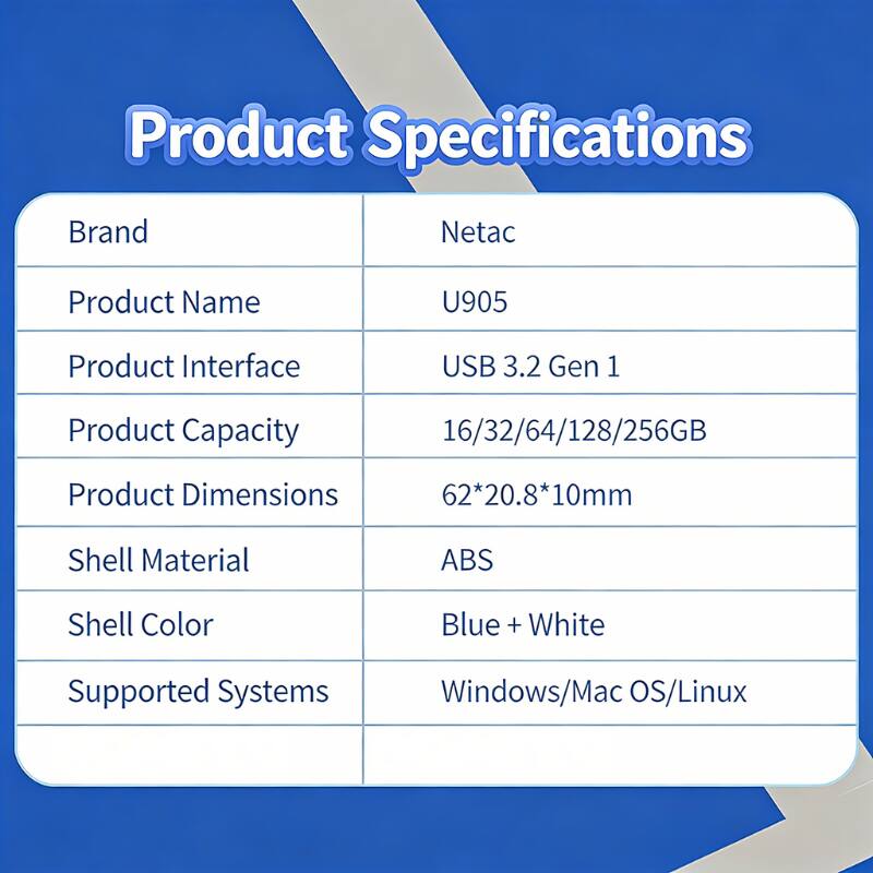 Product Specifications

Brand: Netac  
Product Name: U905  
Product Interface: USB 3.2 Gen 1  
Product Capacity: 16/32/64/128/256GB  
Product Dimensions: 62*20.8*10mm  
Shell Material: ABS  
Shell Color: Blue + White  
Supported Systems: Windows/Mac OS/Linux