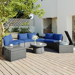 Tiramisubest - 10-Piece Outdoor Sectional Half Round Patio Rattan Sofa Set,PE Wicker Conversation Set for Free Combination - Blue