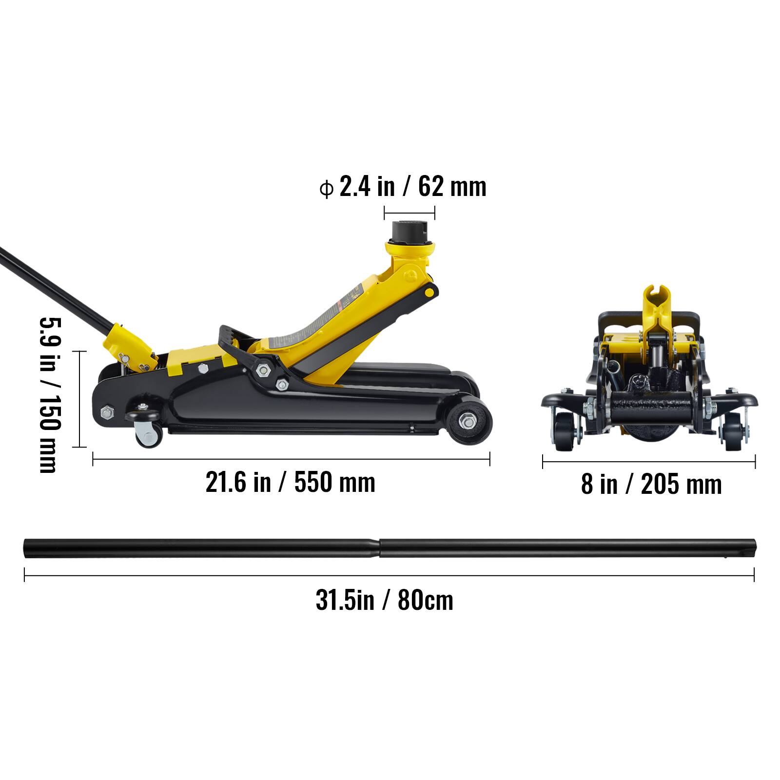 2.4 in / 62 mm  
5.9 in / 150 mm  
21.6 in / 550 mm  
8 in / 205 mm  
31.5 in / 80 cm