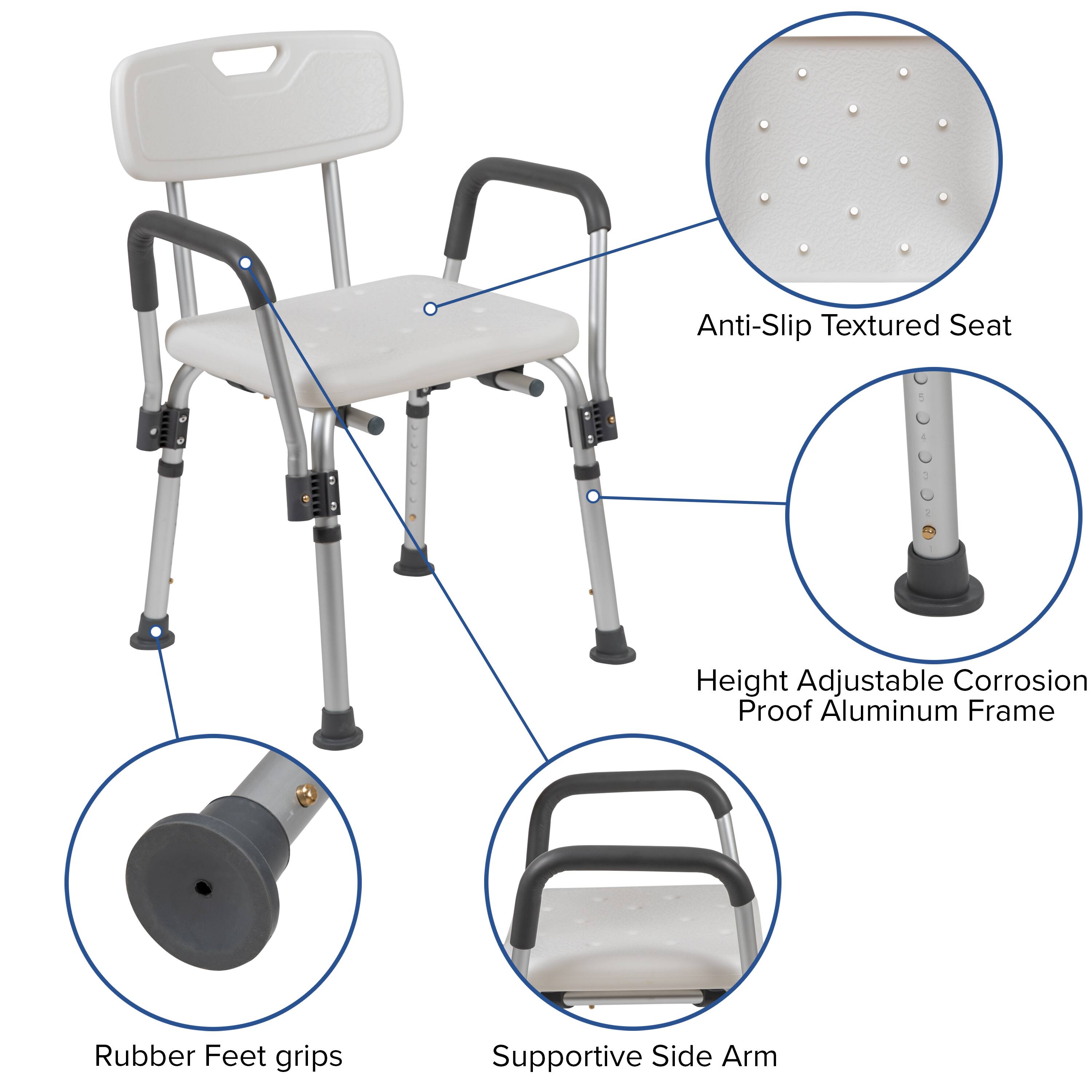 Anti-Slip Textured Seat  
Height Adjustable Corrosion Proof Aluminum Frame  
Rubber Feet grips  
Supportive Side Arm