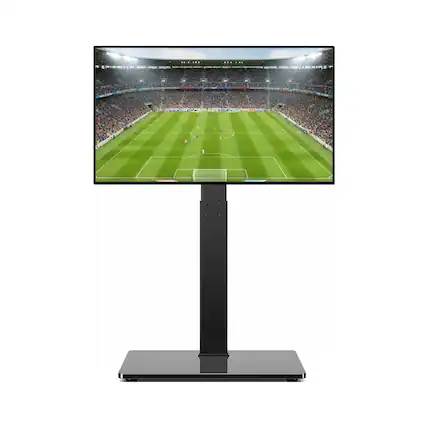 Front. FINEAK - Universal floor-mounted TV stand, adjustable in height, black tempered glass base - Black.