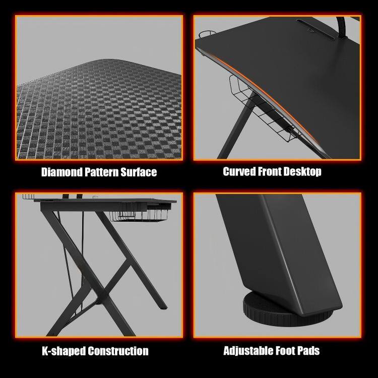 - Diamond Pattern Surface
- Curved Front Desktop
- K-shaped Construction
- Adjustable Foot Pads