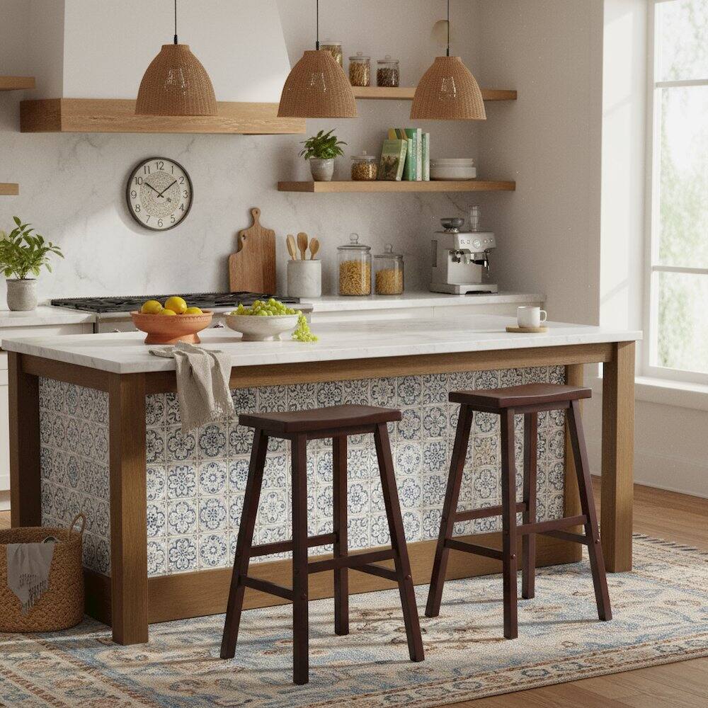 Alt View 3. FurniFact - Antique Walnut Solid Wood Saddle Seat Bar Stool - Walnut.