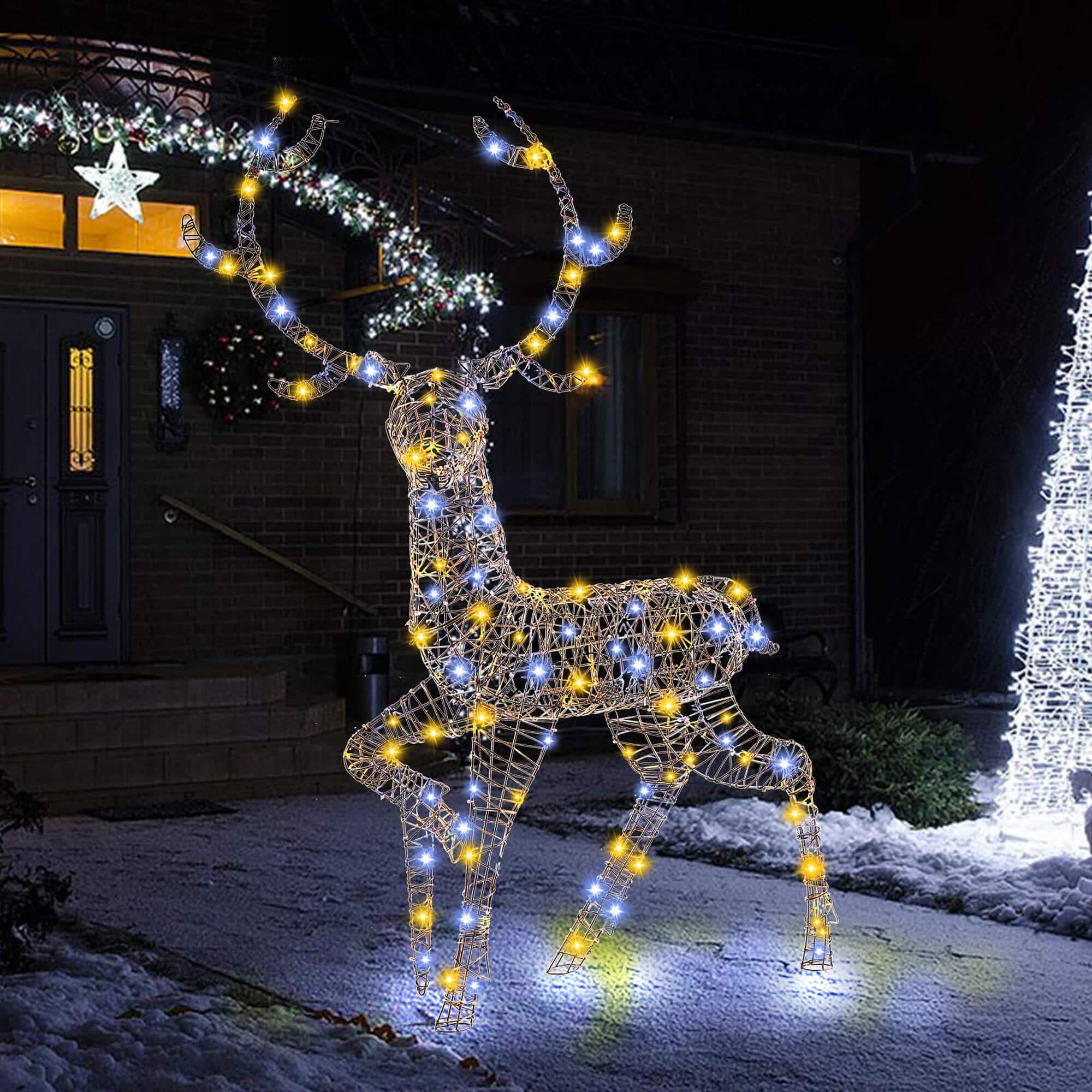 Costway - 4.6FT Pre-Lit Christmas Reindeer with 170 Bright LED Lights Zip Ties Ground Stakes - Brown